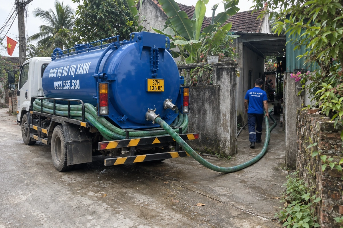 Xe hút hầm cầu đỗ trước nhà, ống hút dẫn qua cổng