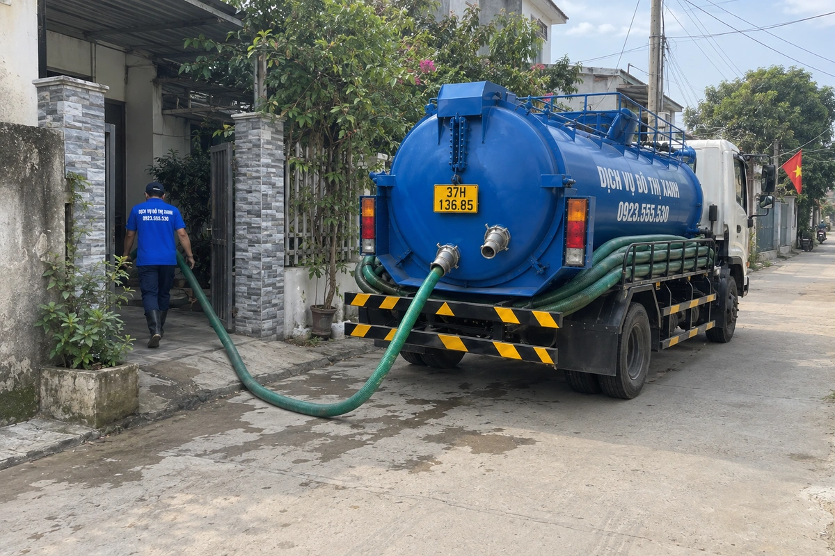 Xe hút hầm cầu đỗ trước nhà dân