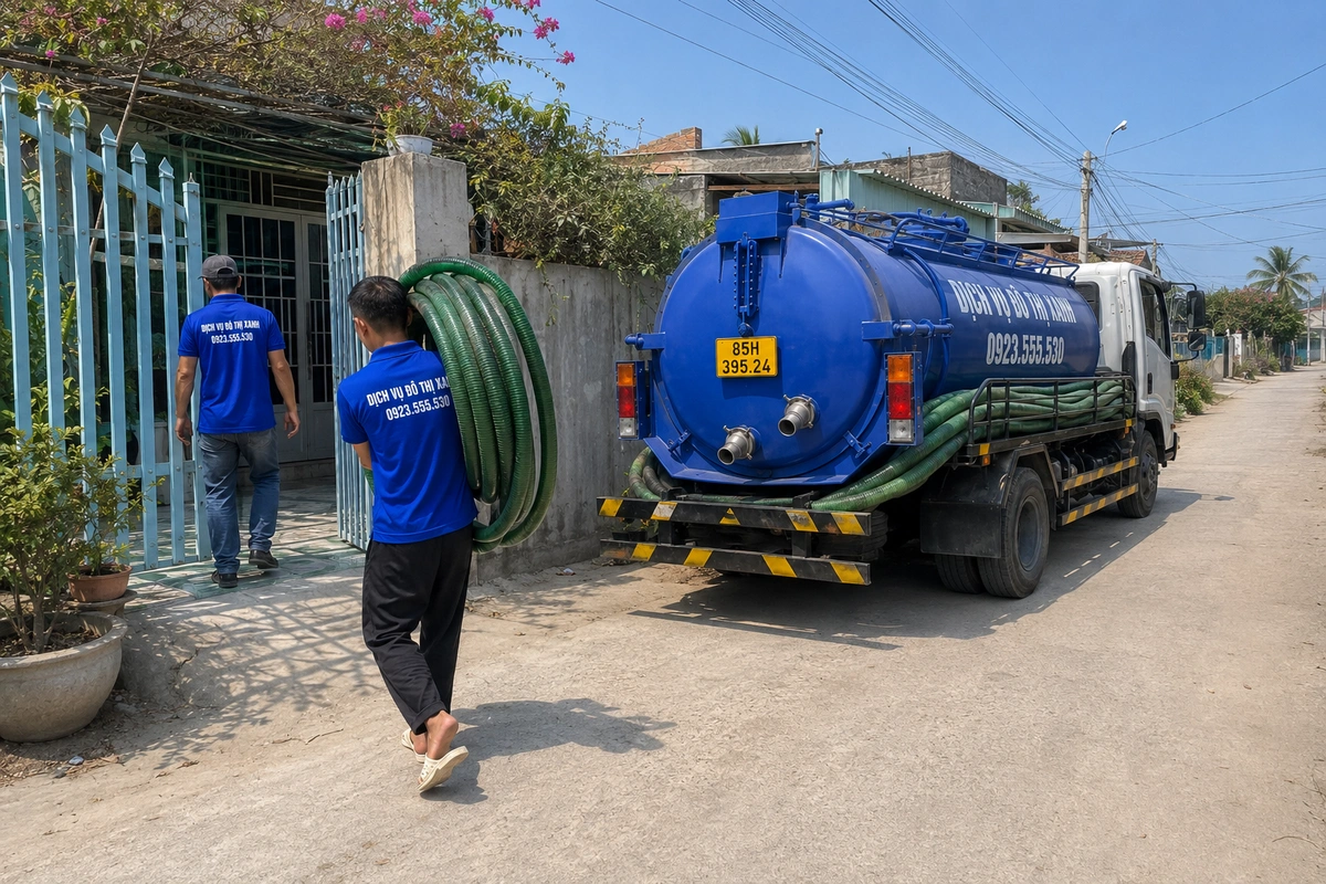 Xe hút hầm cầu và nhân viên mang cuộn ống vào nhà ở Ninh Thuận