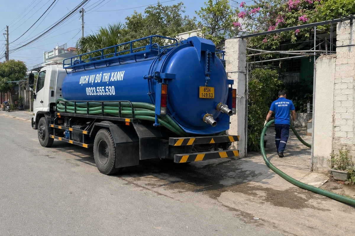 Ống hút dẫn từ xe bồn qua cổng nhà