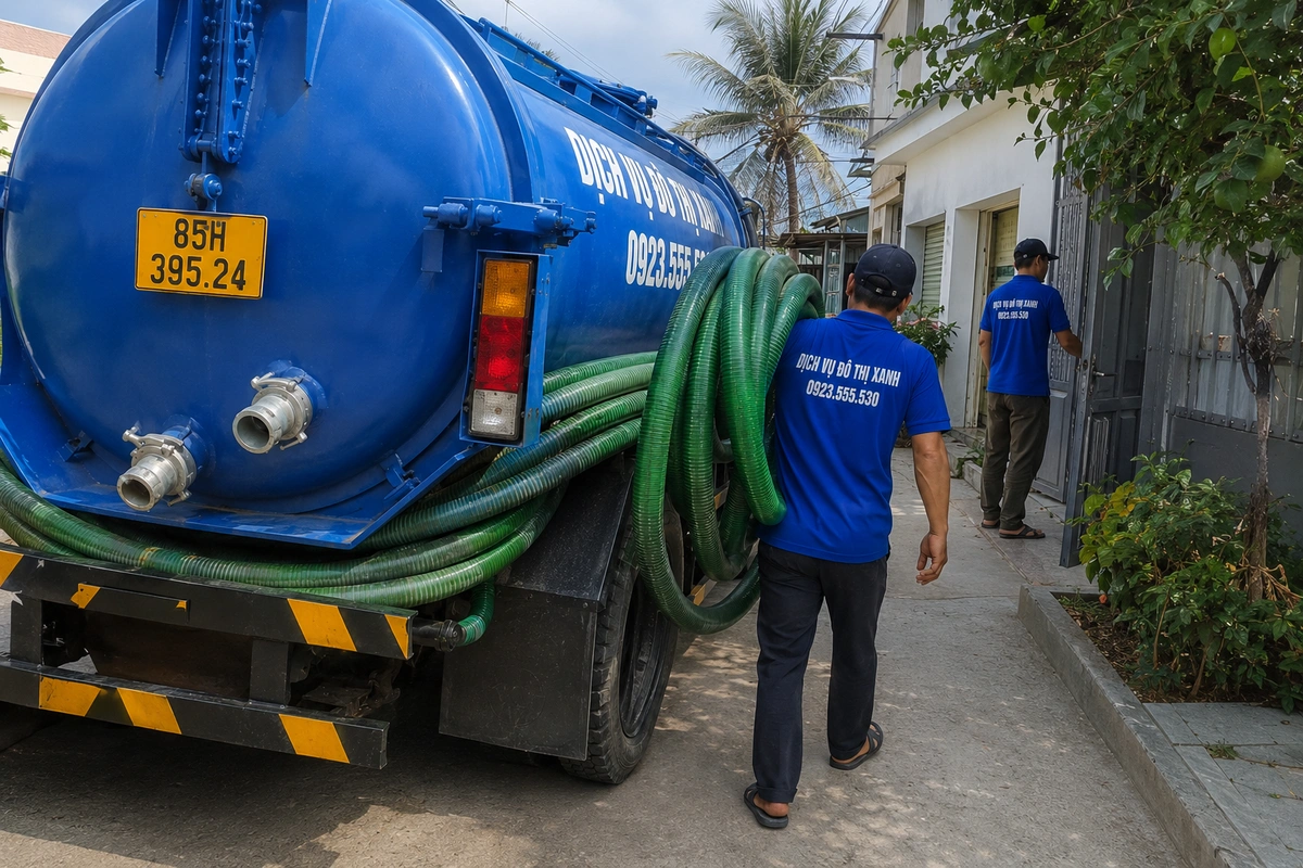 Nhân viên mang cuộn ống bên xe hút hầm cầu trước nhà