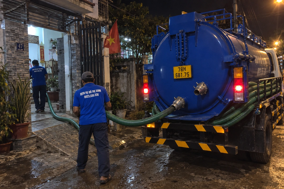 Xe hút hầm cầu và nhân viên làm việc ban đêm