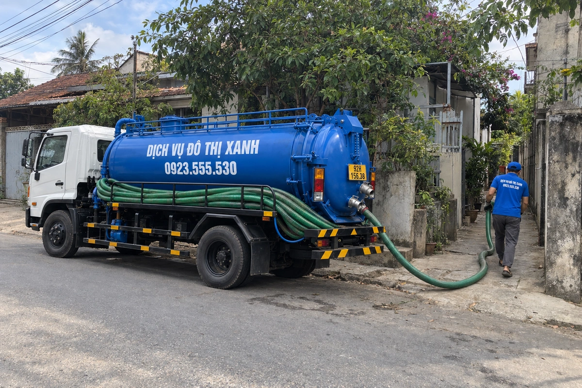 Hút hầm cầu Quảng Nam đo khối chốt giá, hút sạch đáy hầm 6 Xe hút hầm cầu và ống dẫn trong khu dân cư