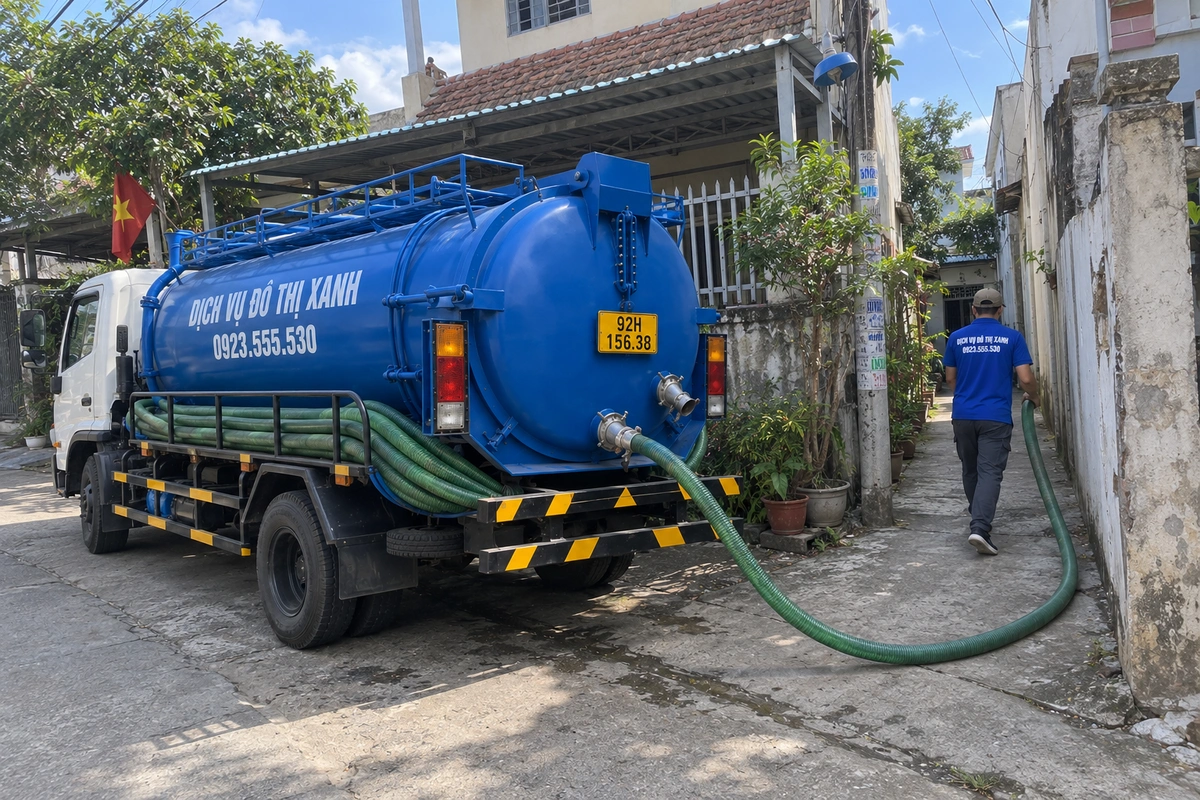 Hút hầm cầu Quảng Nam đo khối chốt giá, hút sạch đáy hầm 2 Xe hút hầm cầu trong lối đi hẹp
