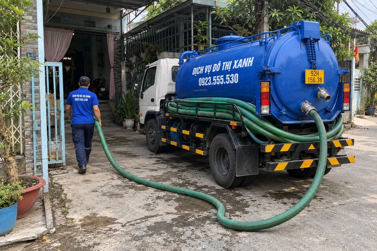 Hút hầm cầu Quảng Nam đo khối chốt giá, hút sạch đáy hầm 1 Xe hút hầm cầu trước nhà dân