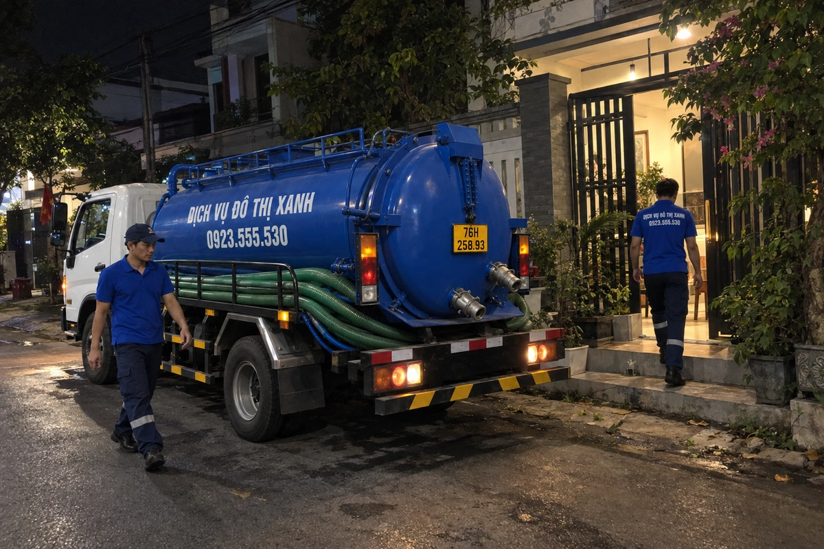 Hút hầm cầu Quảng Ngãi đo khối một giá, hút trước mùa lũ 6 Xe hút hầm cầu và nhân viên làm việc ban đêm