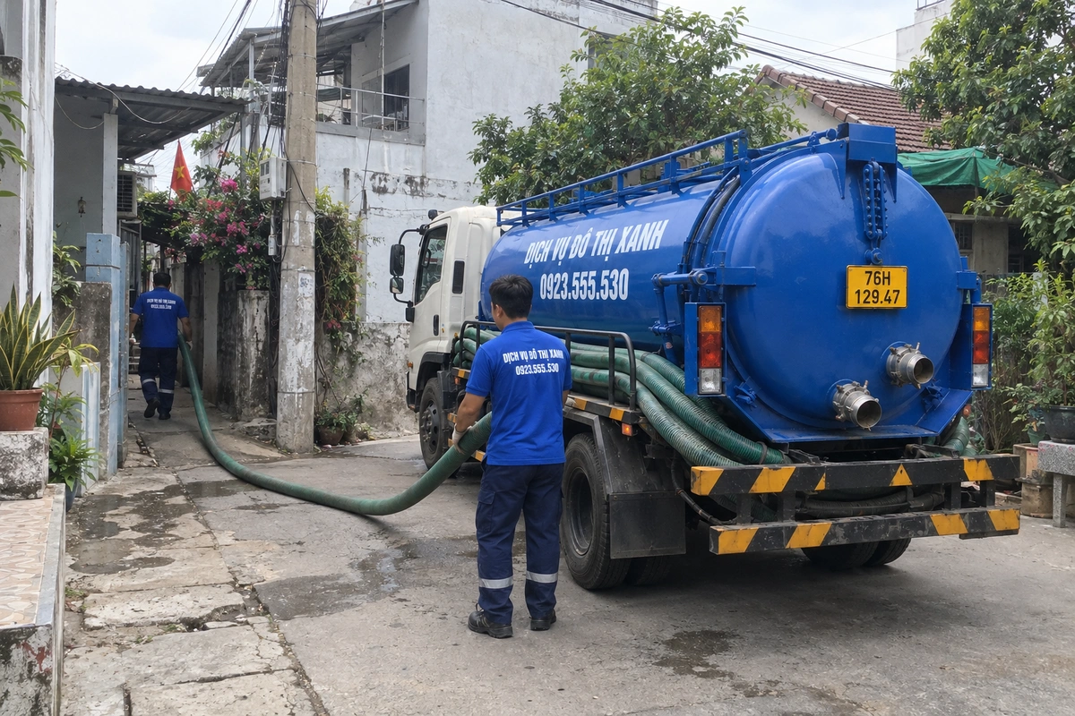 Hút hầm cầu Quảng Ngãi đo khối một giá, hút trước mùa lũ 2 Xe hút hầm cầu và ống dẫn trong đường hẻm