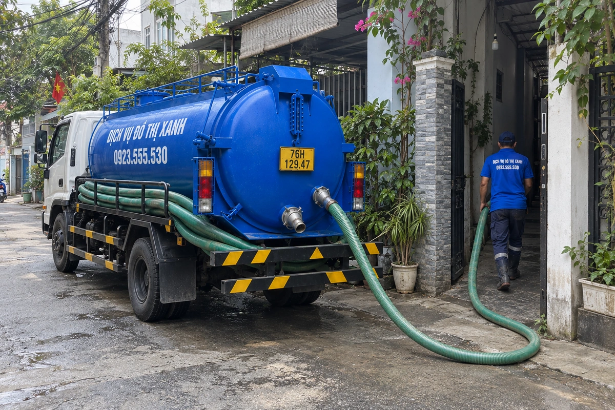 Hút hầm cầu Quảng Ngãi đo khối một giá, hút trước mùa lũ 1 Xe hút hầm cầu trước nhà dân