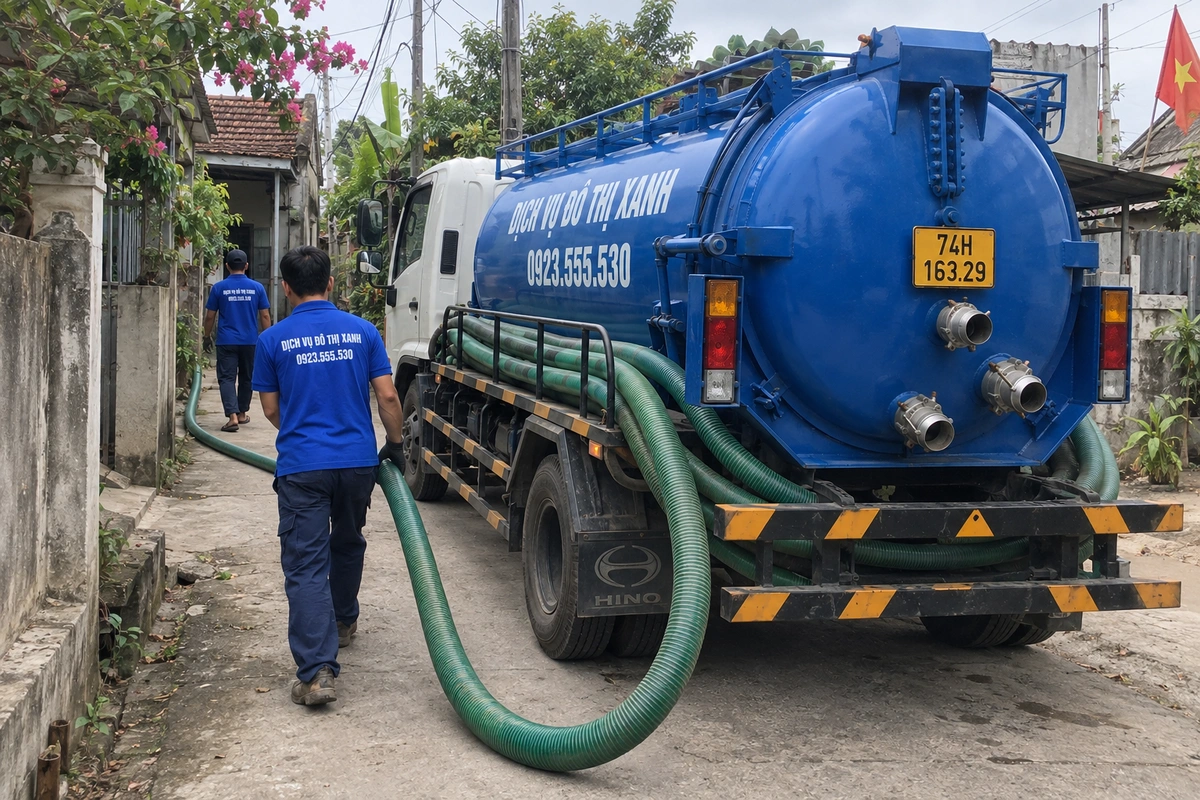 Hút hầm cầu Quảng Trị: khảo sát dung tích và lối tiếp cận 1 Xe hút hầm cầu và nhân viên thi công trong đường hẻm Quảng Trị