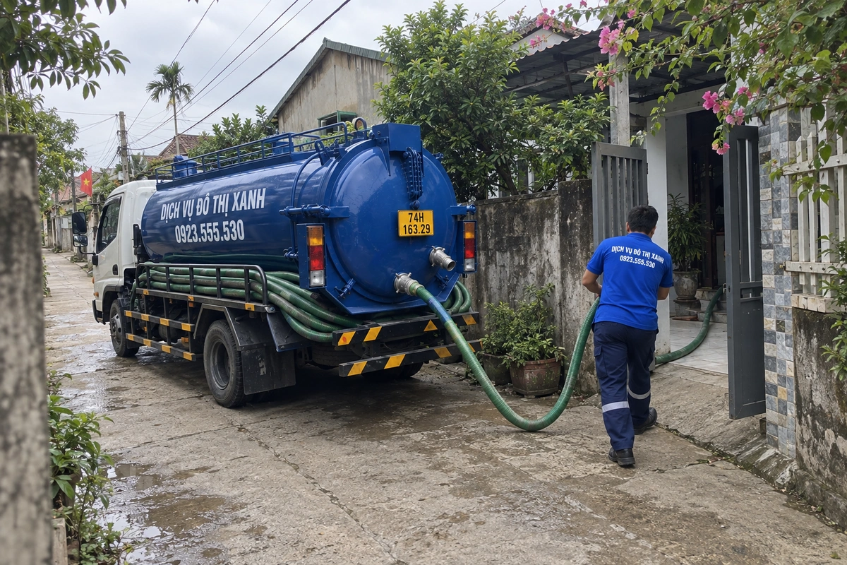 Hút hầm cầu Quảng Trị: khảo sát dung tích và lối tiếp cận 4 Xe hút hầm cầu Đô Thị Xanh tại khu dân cư Quảng Trị