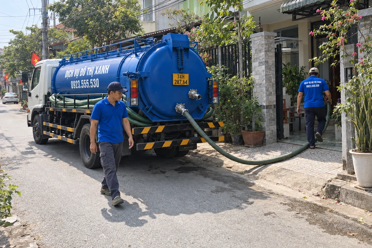Hút hầm cầu Quảng Trị: khảo sát dung tích và lối tiếp cận 5 Xe hút hầm cầu triển khai trước nhà dân ở Quảng Trị