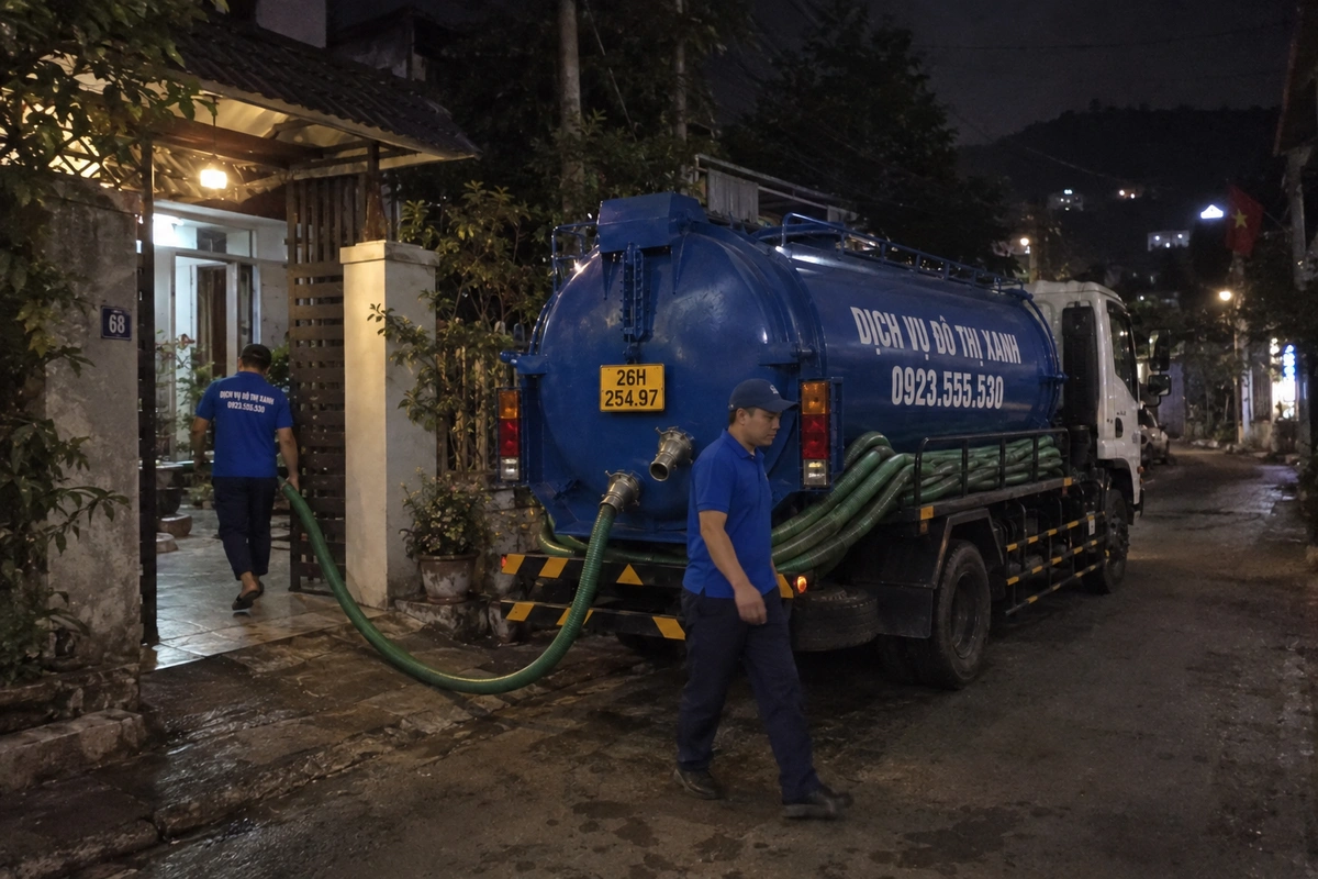 Hút bể phốt tại Sơn La đến khảo sát, báo giá trọn gói 2 Xe hút bể phốt và nhân viên ban đêm