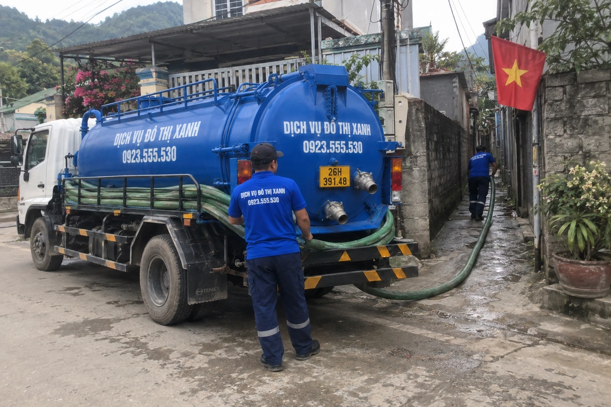 Hút bể phốt tại Sơn La đến khảo sát, báo giá trọn gói 1 Ống hút bể phốt dẫn từ xe vào ngõ