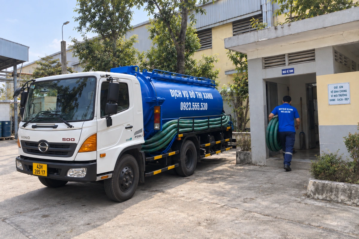 Xe hút hầm cầu và nhân viên chuẩn bị ống tại công trình