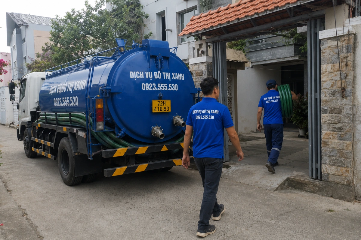 Hút hầm cầu Vũng Tàu báo giá rõ, phục vụ cả mùa cao điểm 1 Nhân viên mang ống hút hầm cầu vào nhà