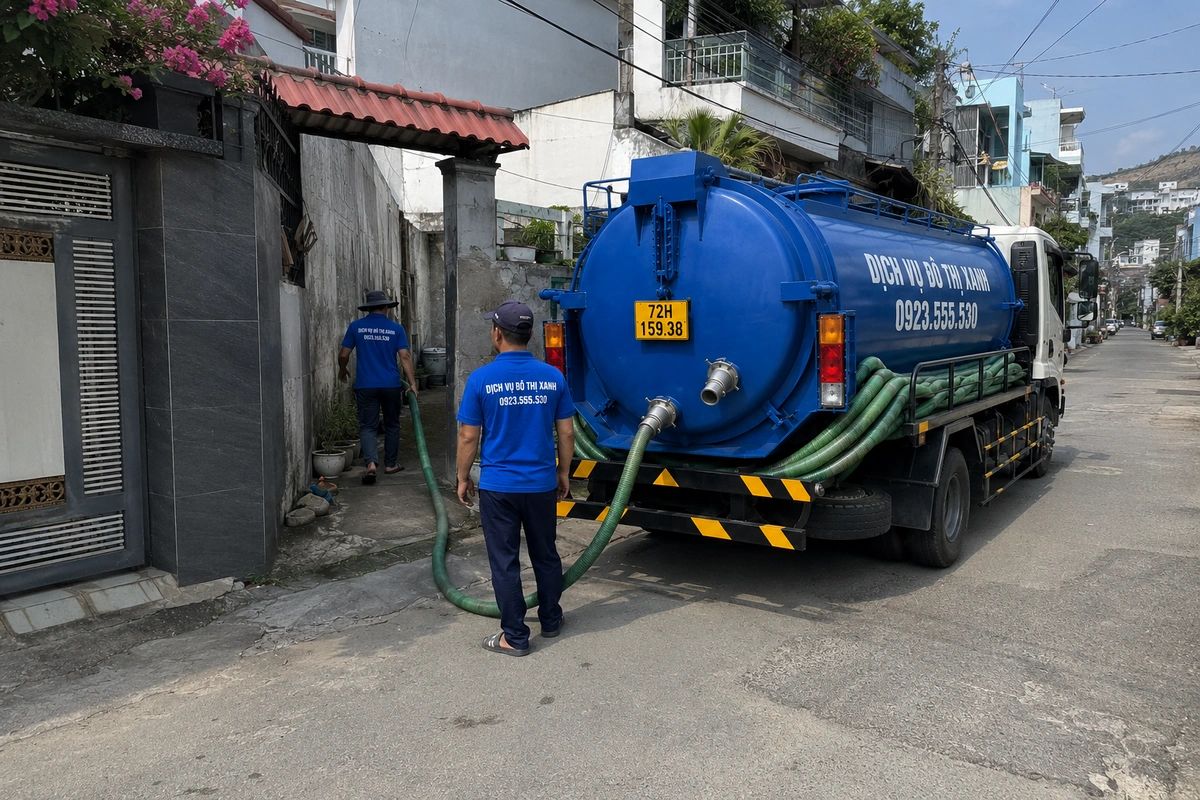 Hút hầm cầu Vũng Tàu báo giá rõ, phục vụ cả mùa cao điểm 2 Ống hút dẫn từ xe bồn qua cổng