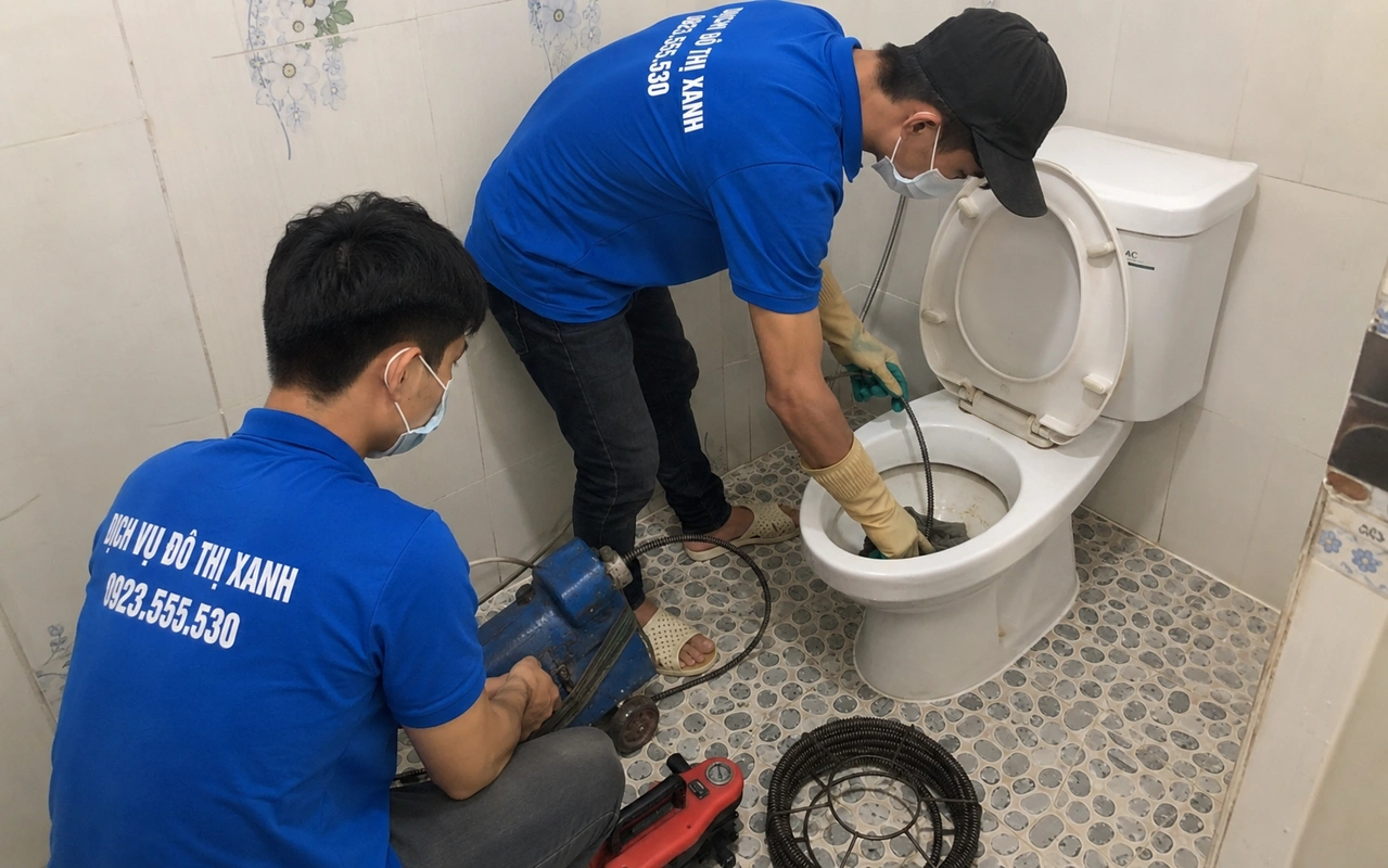 Thông bồn cầu Phước Long: kiểm tra đúng nguyên nhân trước khi xử lý 3 Nhân viên đưa dây lò xo vào bồn cầu để xử lý nghẹt